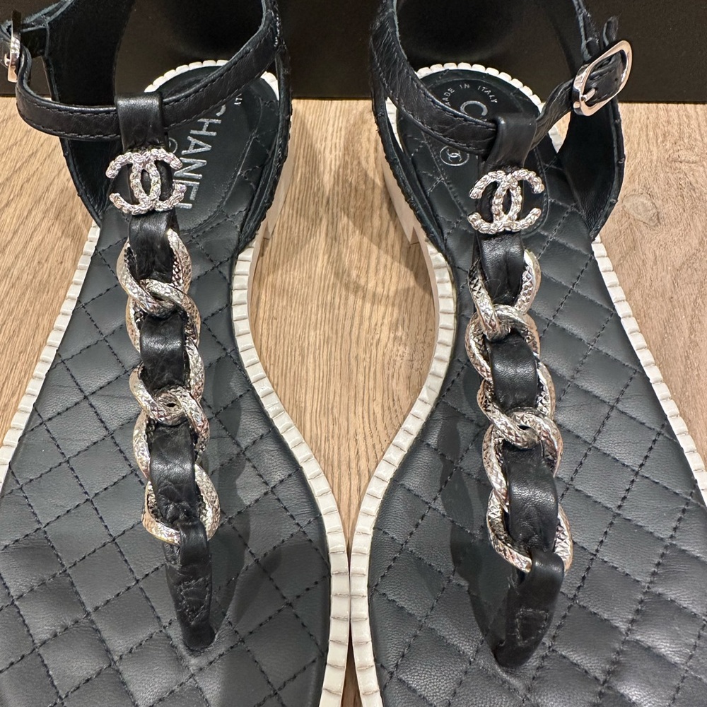 Chanel Black Sandals with Silver Chain Accent - Picture 4 of 13